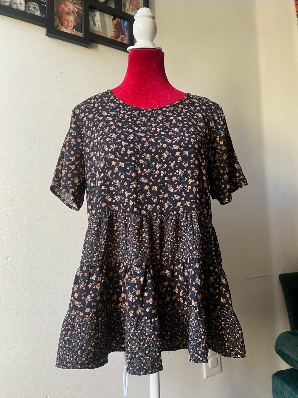 Paper Crane Black Floral Tiered Tunic with Pink Accents